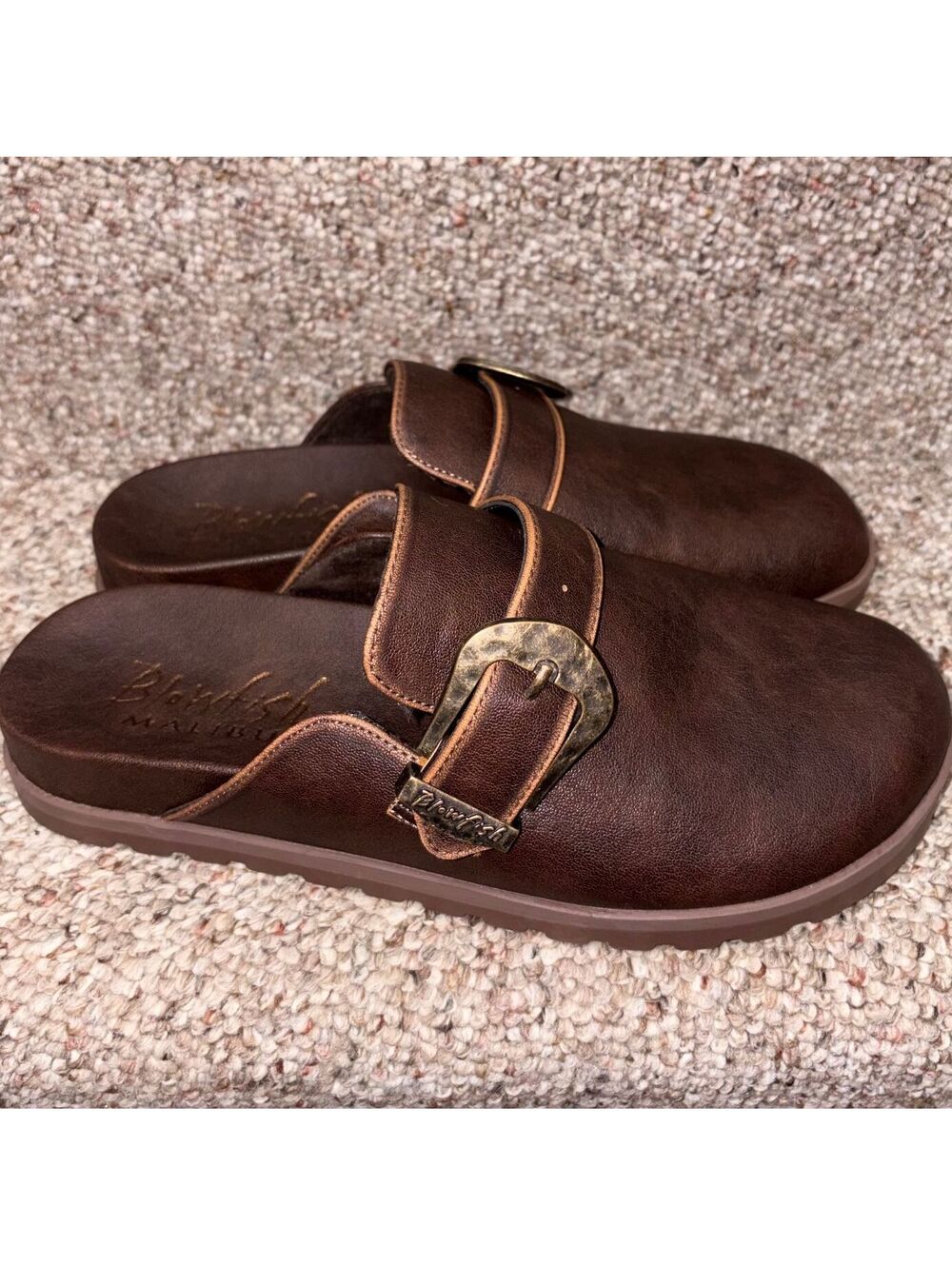 Blowfish Malibu Brown Faux Leather Slip-On Clogs Women's 10 Gold Buckle Boho